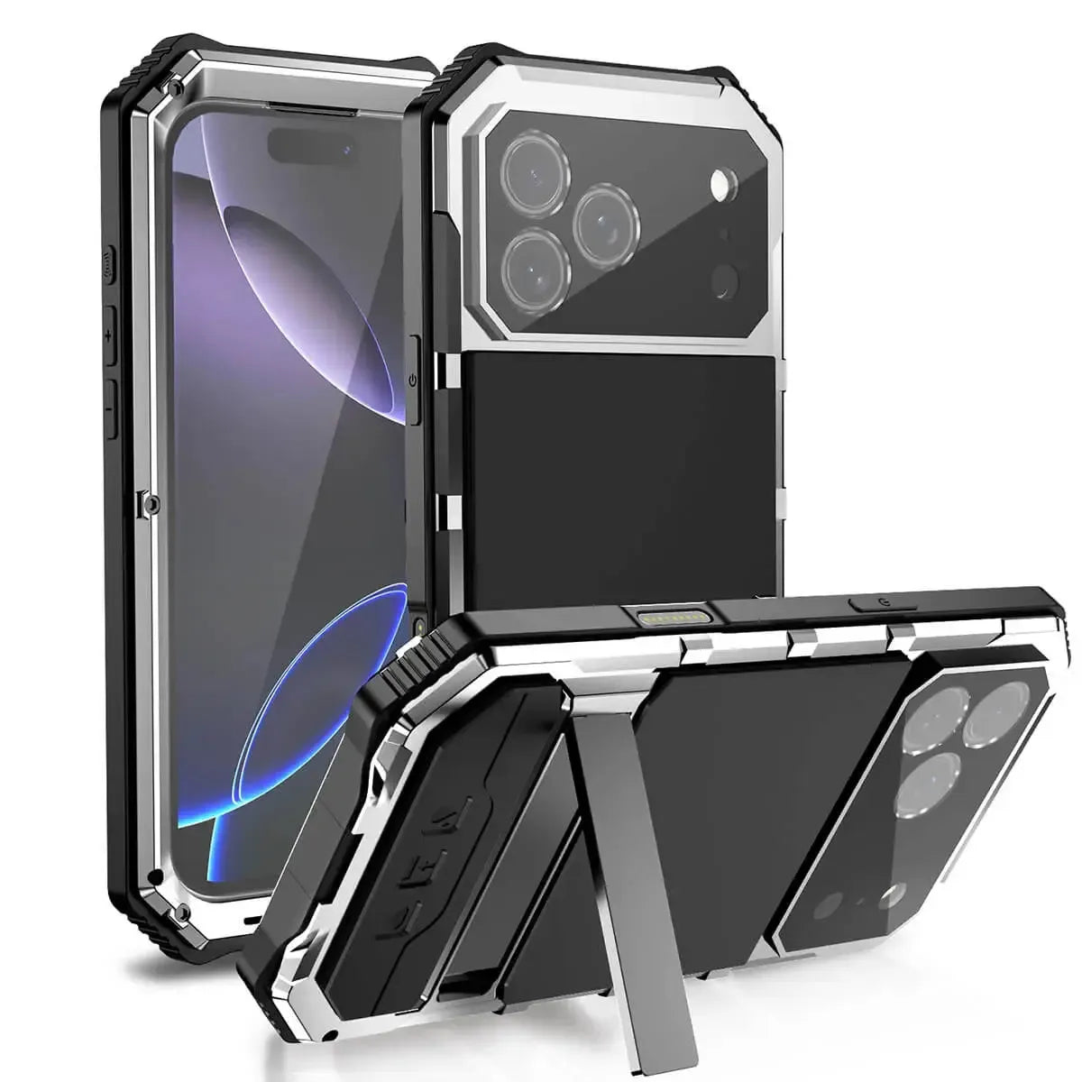 Buy Heavy Duty Aluminum iPhone Case with Kickstand, Built-in Screen & Camera Protector, Shockproof Military-Grade Gorilla Glass Cover - Hamza at Caseles-iPhone 17 Pro Max, Silver