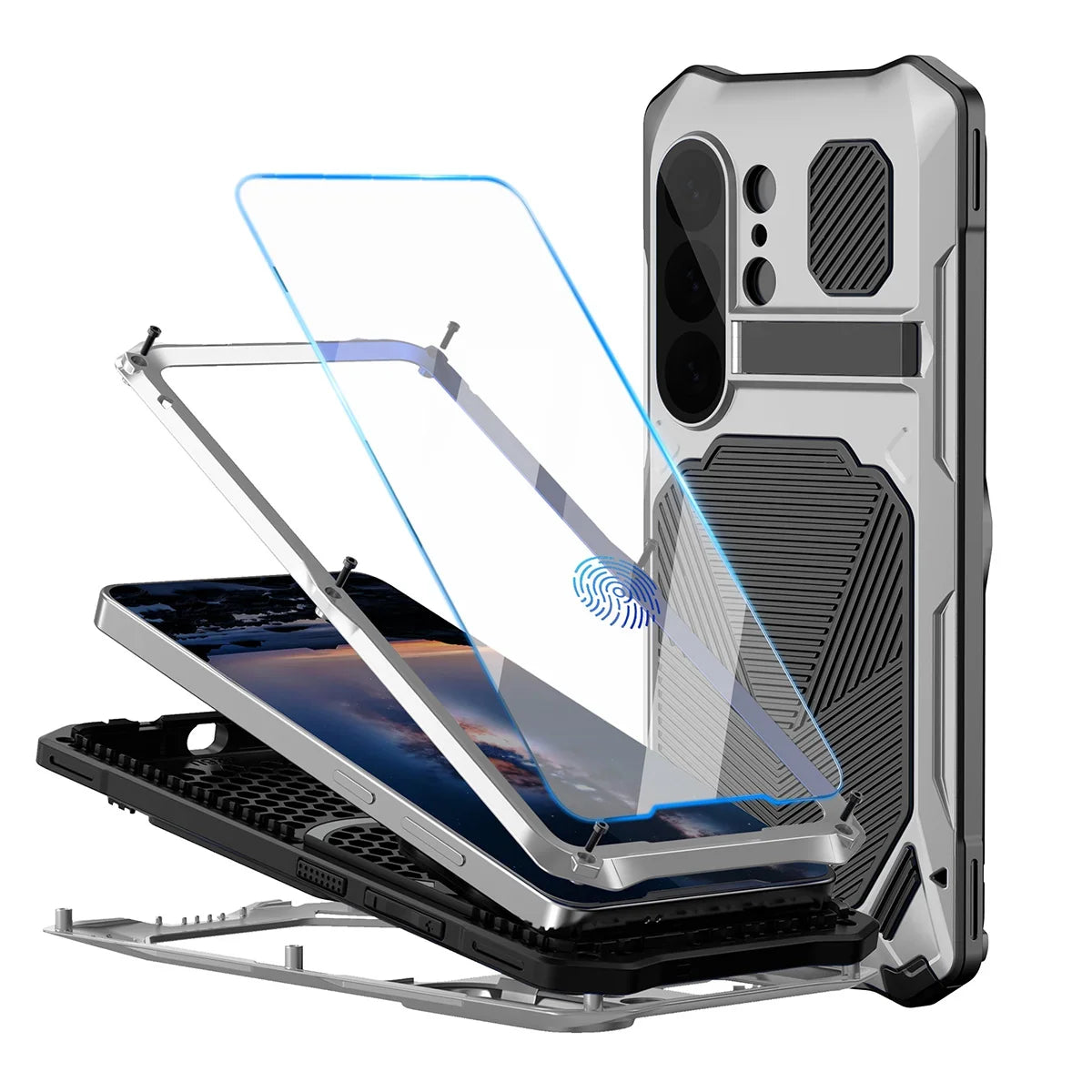 Buy Full Body Heavy Duty Metal Case for Samsung Galaxy S26 Ultra 5G, Built-in Screen Protector, Military Grade Drop Protection Armor with Magnetic Kickstand - WILDER at KingKongBox-Samsung Galaxy S26 Ultra, Silver