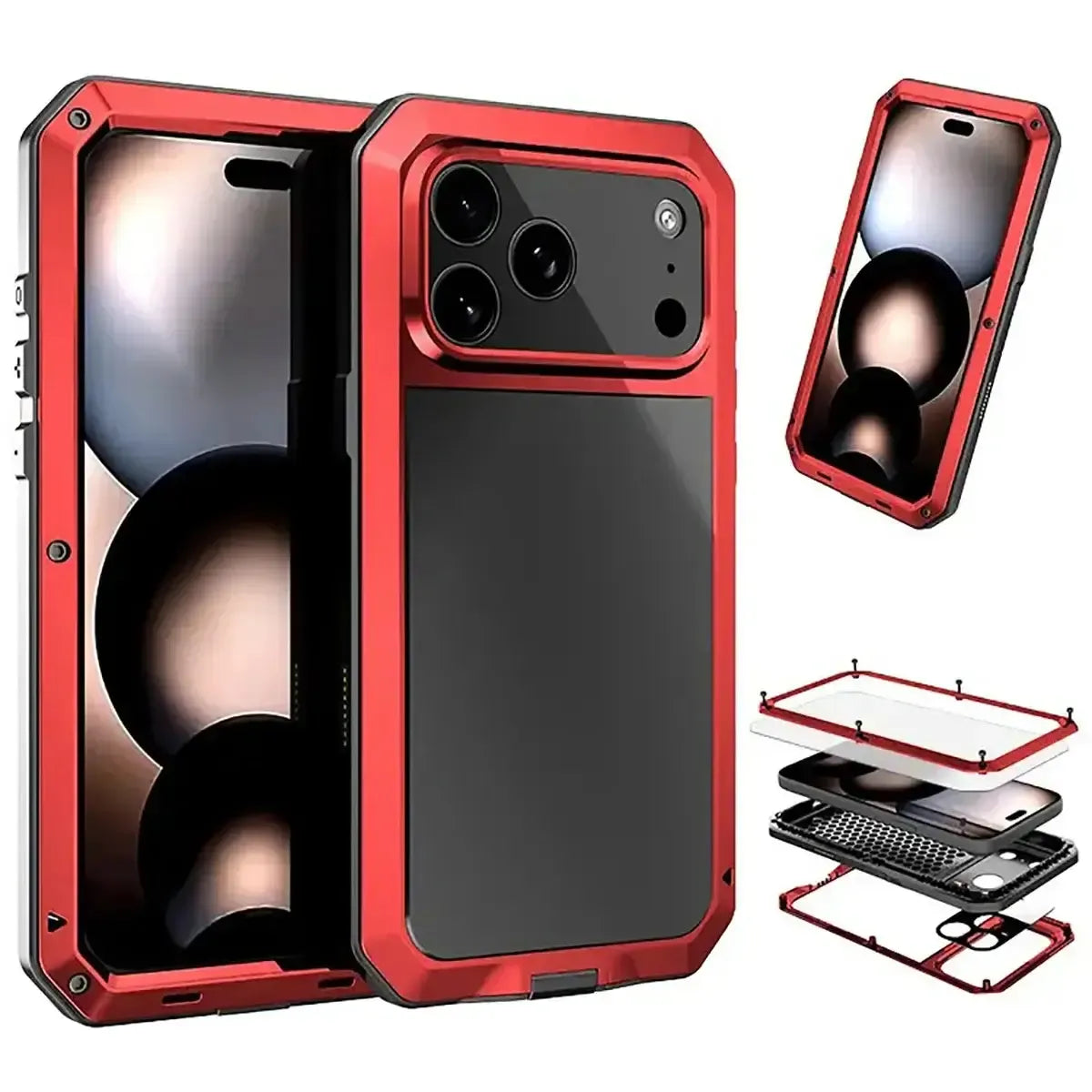 Buy Classic Full Body Metal Armor Phone Case, with Screen Protector, Heavy Duty Defender Shockproof Case - TADDEO at Caseles-iPhone 17 Pro Max, Taddeo-Red