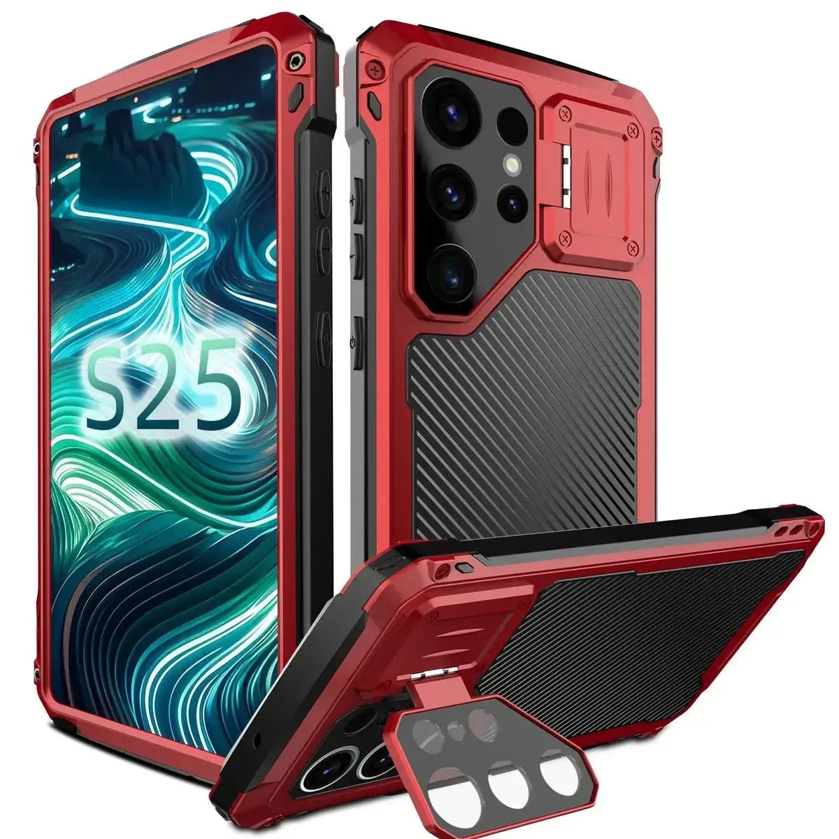 Buy Classic Full Body Metal Armor Phone Case, with Screen Protector, Heavy Duty Defender Shockproof Case - Bulwark at Caseles-Samsung Galaxy S25 Ultra, Red