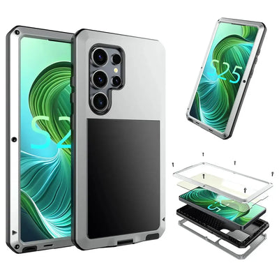 Buy Classic Full Body Metal Armor Phone Case, with Screen Protector, Heavy Duty Defender Shockproof Case - TRAVIS at Caseles-Samsung Galaxy S25 Ultra, Taddeo-Silver