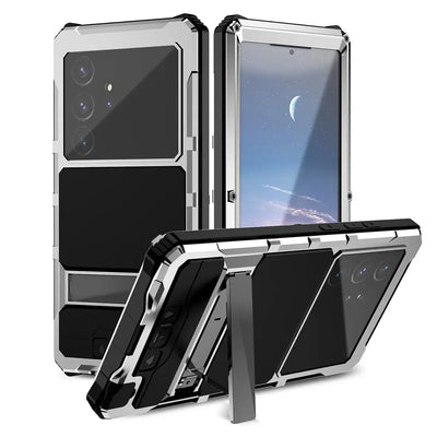 Buy Heavy Duty Aluminum Phone Case with Kickstand, Built-in Screen & Camera Protector, Shockproof Military-Grade Gorilla Glass Cover - Harlan at Caseles-Samsung Galaxy S25 Ultra, Black