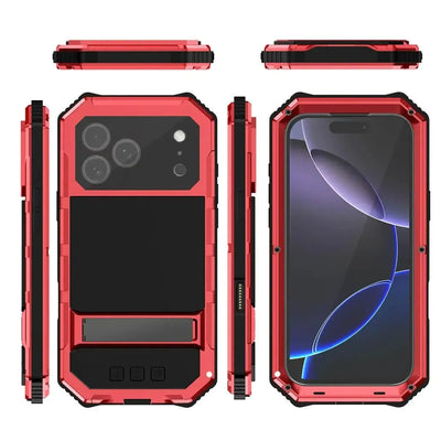 Buy Heavy Duty Aluminum iPhone Case with Kickstand, Built-in Screen & Camera Protector, Shockproof Military-Grade Gorilla Glass Cover - Hamza at Caseles-iPhone 17 Pro Max, Black