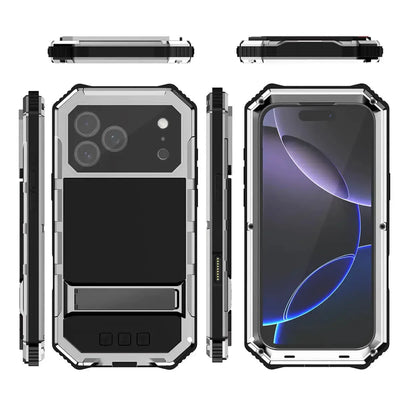 Buy Heavy Duty Aluminum iPhone Case with Kickstand, Built-in Screen & Camera Protector, Shockproof Military-Grade Gorilla Glass Cover - Hamza at Caseles-iPhone 17 Pro Max, Black
