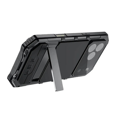 Buy Heavy Duty Aluminum iPhone Case with Kickstand, Built-in Screen & Camera Protector, Shockproof Military-Grade Gorilla Glass Cover - Hamza at Caseles-iPhone 17 Pro Max, Black