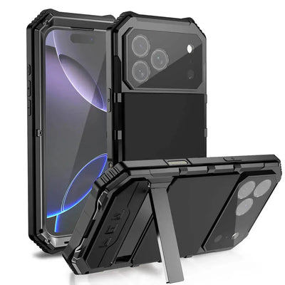 Buy Heavy Duty Aluminum iPhone Case with Kickstand, Built-in Screen & Camera Protector, Shockproof Military-Grade Gorilla Glass Cover - Hamza at Caseles-iPhone 17 Pro Max, Black