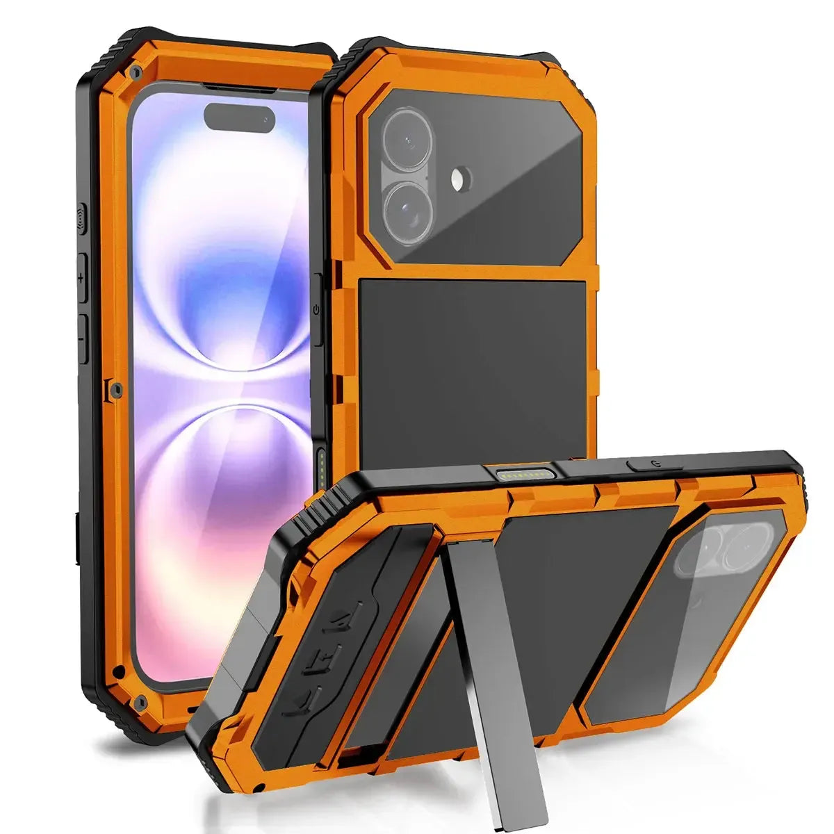 Buy Heavy Duty Aluminum iPhone Case with Kickstand, Built-in Screen & Camera Protector, Shockproof Military-Grade Gorilla Glass Cover - Hamza at KingKongBox-iPhone 18 Pro Max, Orange