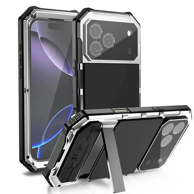 Buy Heavy Duty Aluminum iPhone Case with Kickstand, Built-in Screen & Camera Protector, Shockproof Military-Grade Gorilla Glass Cover - Hamza at Caseles-iPhone 17 Pro Max, Silver