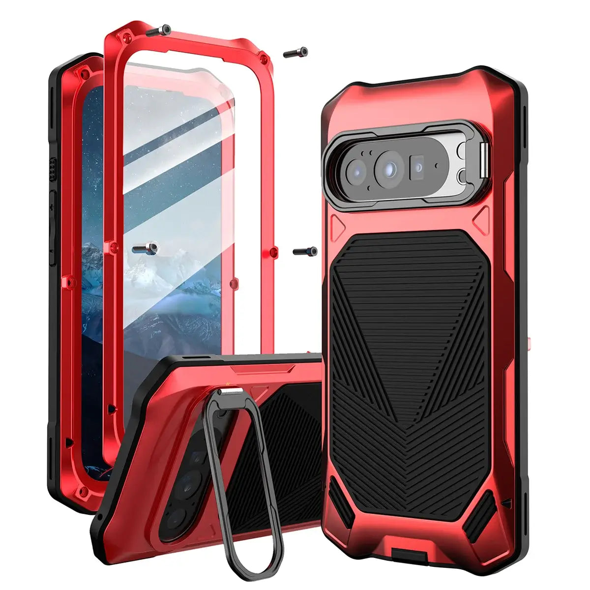 Buy Military Grade Magnetic Case for Google Pixel Series, Full-Body Armor with Screen Protector, 360° Rotatable Kickstand & Lens Guard - Drake at Caseles-Google Pixel 10 Pro XL, Red
