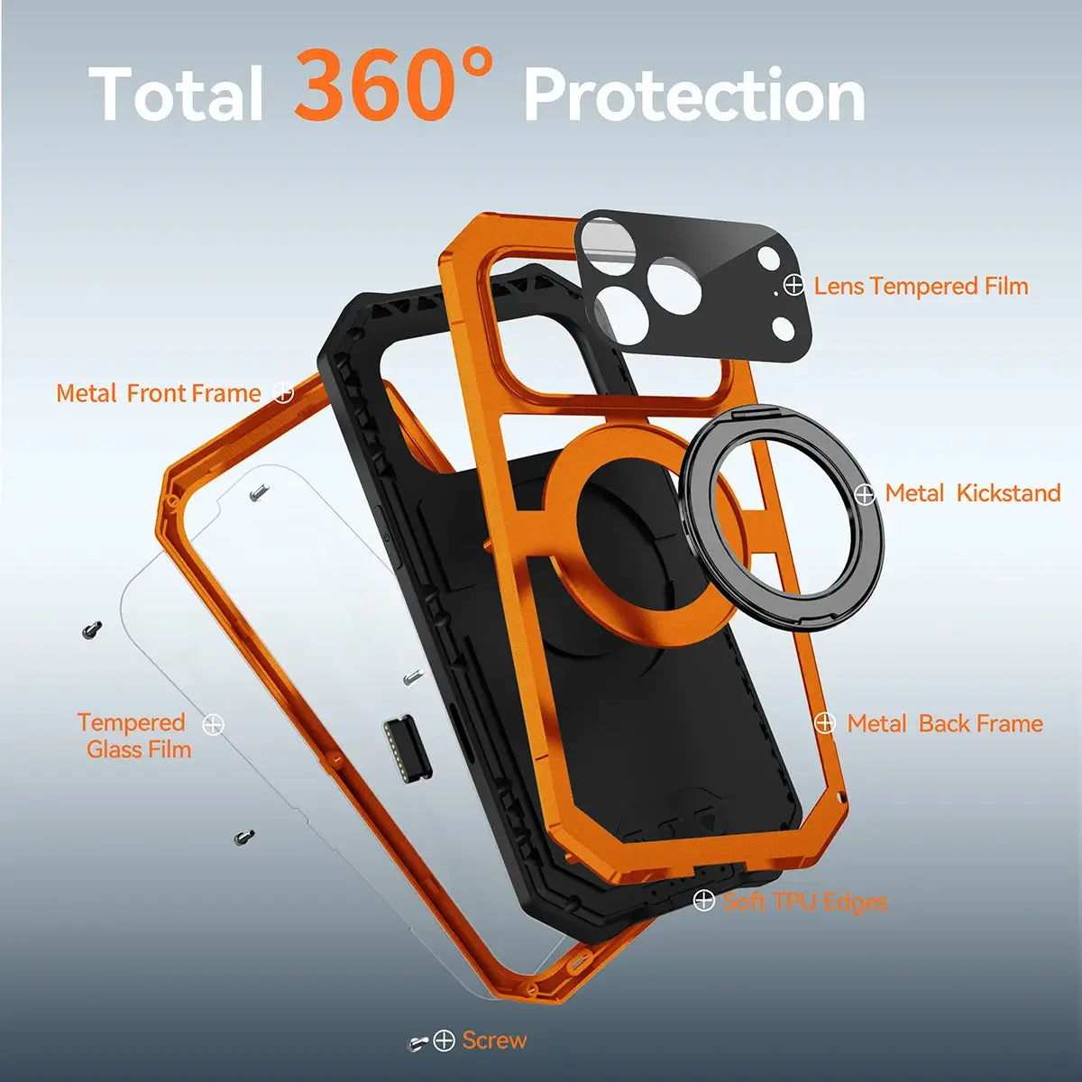 Buy 360° Rotatable Magnetic Stand Case | Full-Body Protection, Lens Guard & Wireless Charging Support - Stark at Caseles-iPhone 17 Pro Max, Orange