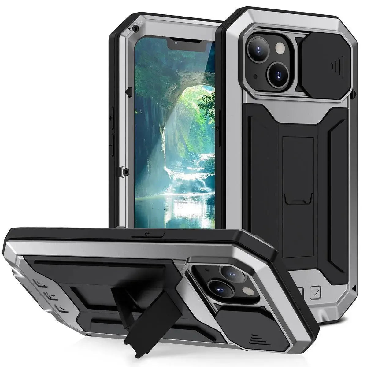 Buy iPhone Heavy Duty Metal Case with 360° Full Body Protection, Sliding Camera Cover, Built-in Screen Protector, Shockproof & Dustproof Armor Phone Cover - Warren at Caseles-iPhone 16 Pro Max, Silver