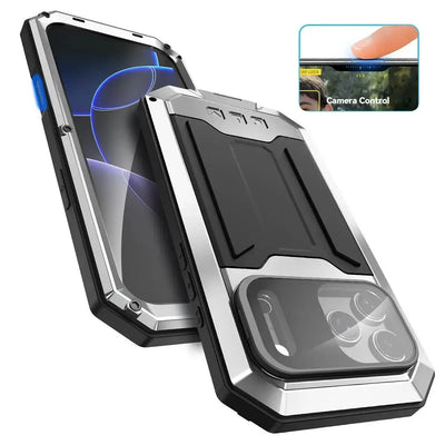 Buy iPhone Heavy Duty Metal Case with 360° Full Body Protection, Sliding Camera Cover, Built-in Screen Protector, Shockproof & Dustproof Armor Phone Cover - Warren at Caseles-iPhone 17 Pro Max, Black